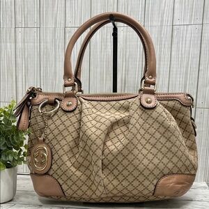 Gucci Beige Canvas Satchel Leather Trim Handbag